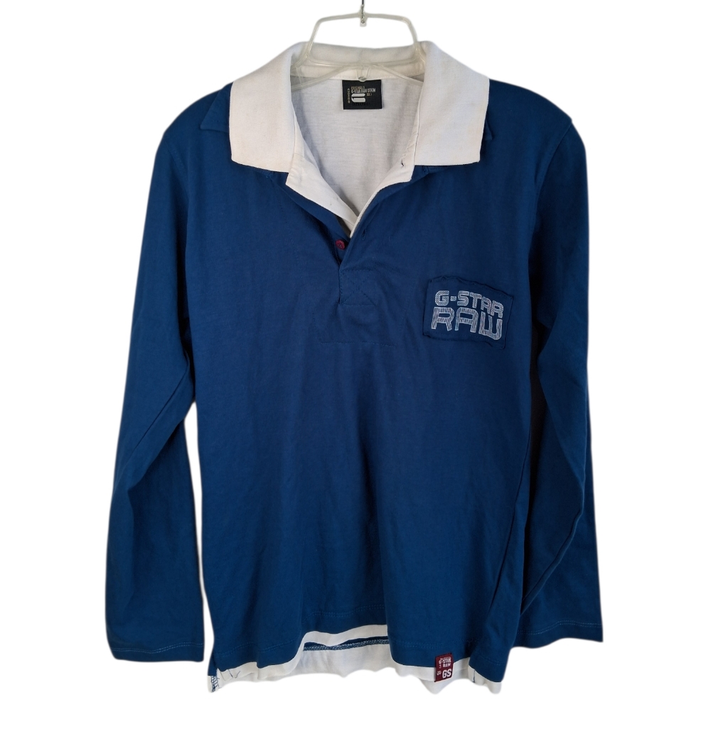 G-Star Raw Long Sleeves Polo Shirt Mens Size S Blue W/White Collar